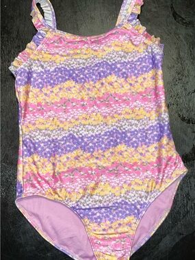 Girls Floral Stripe One-Piece Swimsuit in Pink, Purple & Yellow size L 10-12